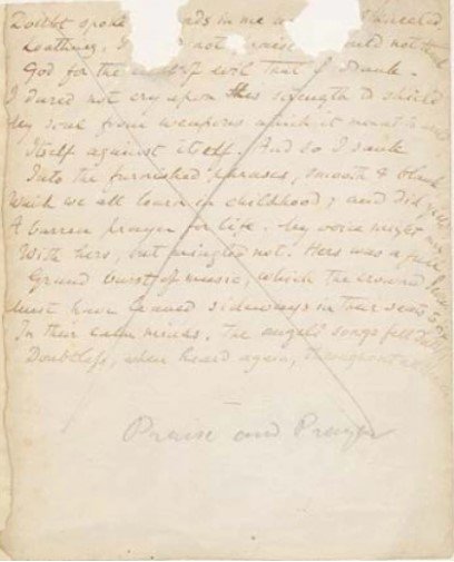 A leaf from Dante Gabriel Rossetti's poetry manuscript from Elizabeth Siddal's coffin (note worm holes at the top). Before 1862. 