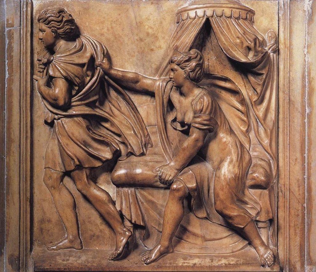 PROPERZIA DE’ ROSSI (C. 1490 – 1530), JOSEPH AND POTIPHAR'S WIFE, 1525-6, BASILICA DI SAN PETRONIO MUSEUM, BOLOGNA, ITALY