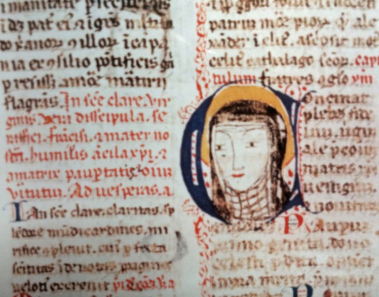 ST. CATHERINE OF BOLOGNA (CATHERINE VIGRI) (1413-1463), PAGE FROM ST. CATHERINE'S PERSONAL BREVIARY FEATURING DRAWING OF ST. CLARE OF ASSISI, UNDATED, COLLECTION OF CORPUS DOMINI, BOLOGNA, ITALY