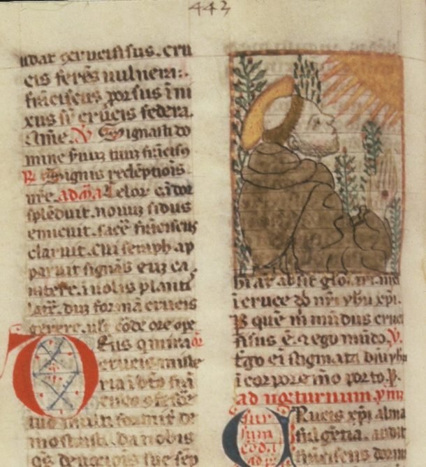 ST. CATHERINE OF BOLOGNA (CATHERINE VIGRI) (1413-1463), SPREAD FROM ST. CATHERINE'S PERSONAL BREVIARY FEATURING DRAWING OF ST. FRANCIS OF ASSISI, UNDATED, COLLECTION OF CORPUS DOMINI, BOLOGNA, ITALY
