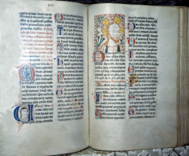 ST. CATHERINE OF BOLOGNA (CATHERINE VIGRI) (1413-1463), PAGE SPREAD FROM ST. CATHERINE'S PERSONAL BREVIARY FEATURING DRAWING OF JESUS, UNDATED, COLLECTION OF CORPUS DOMINI, BOLOGNA, ITALY