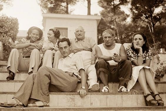 Man Ray, Ady Fidelin, Mary Cuttoli, Man Ray, Paul Cuttoli, Pablo Picasso, and Dora Maar at the Cuttolis’ home, Antibes, 1937 