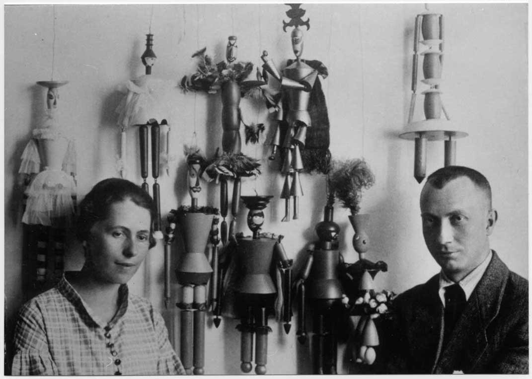 Sophie Taeuber and Jean (Hans) Arp with the marionettes she designed for the opera “König Hirsch” (The Stag King), Zurich, 1918