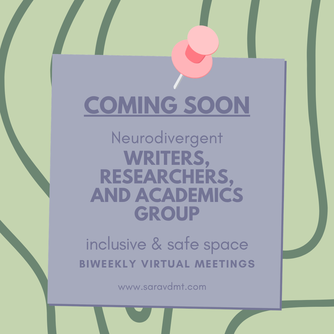 Square graphic with sage green background and dark green swirled lines. On the center is a purple note with pink thumb-tack that reads: "Coming Soon. Neurodivergent writers, researchers, and academics group."