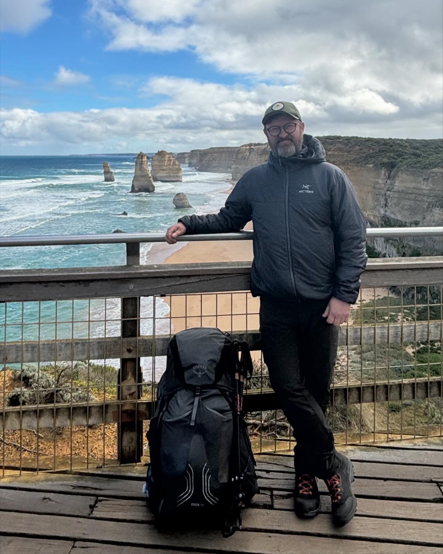 Me and the Twelve Apostles. Around half have gone for a swim at this point in time. Walked one hundred kms over the last 6 days through such extraordinarily beautiful coastal bushland. And every day the power of the southern ocean resonated with ever