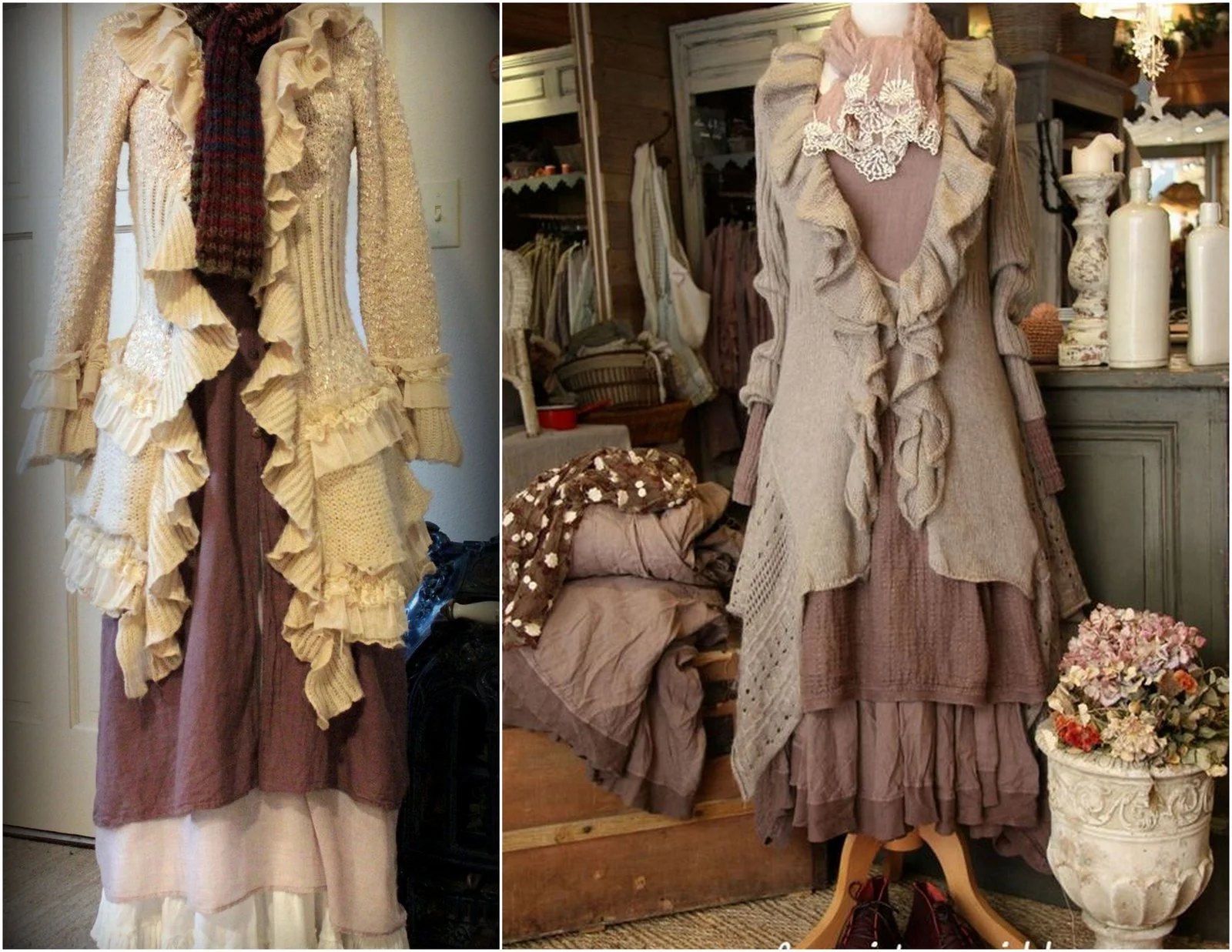 My outfit on the left: layered dress from Mexico, petticoat from an estate sale, sweater was on sale in a shop on Haight-Ashbury, about 4 years ago. (I knit the scarf.) On the right: Une Fée dans la Citrouille