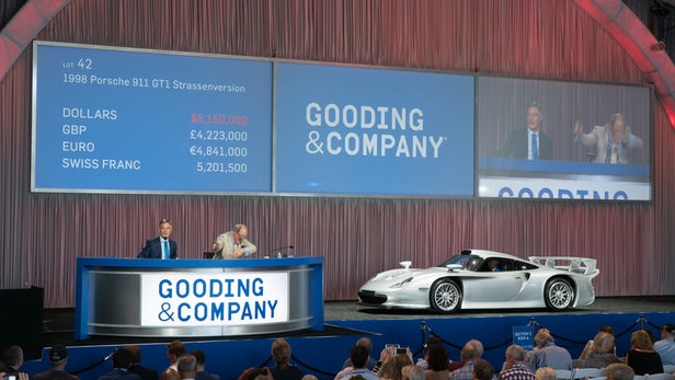 One of only 20 examples built, the 1998 Porsche 911 GT1 Strassenversion is the street version of the Le Mans-Winning 911 GT1. This highly original example has covered just 7,900 km from new | Sold for $5,665,000 | Official Auction Page(Credit: Jensen Suta / Gooding & Co)