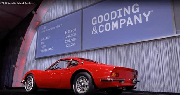 This 1969 Ferrari Dino 206 GT sold for $467,500 against an estimate of $500,000 to $600,000 | Official Auction Page(Credit: Gooding & Co)