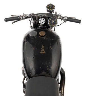 The gas tank, controls and instruments are original. The odometer shows 8,686 kilometers (5,385 miles), all accumulated during its 40-year racing career.