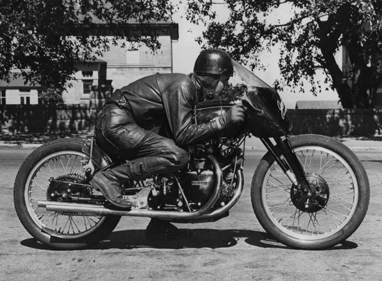 Jack Ehret on the Lightning in 1953 showing his riding position for his successful 141.5mph Australian land speed record run.