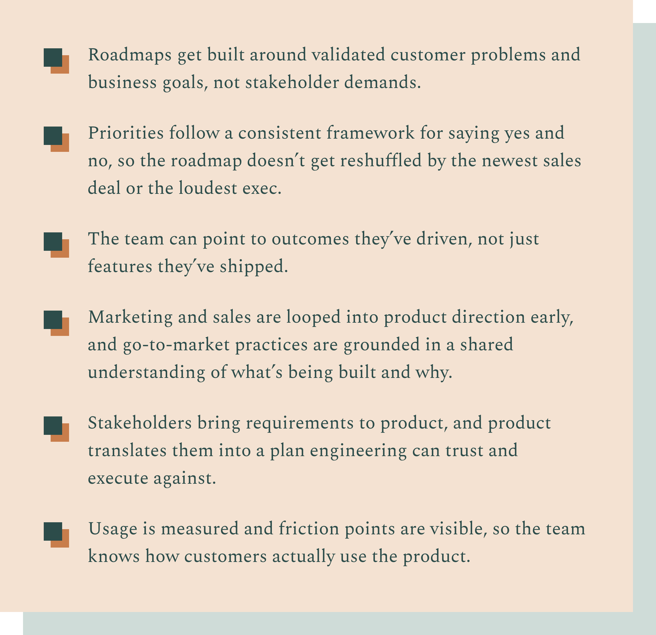 Text excerpt from a presentation slide discussing building roadmaps around validated customer problems, prioritizing a consistent framework, and measuring usage and friction points.