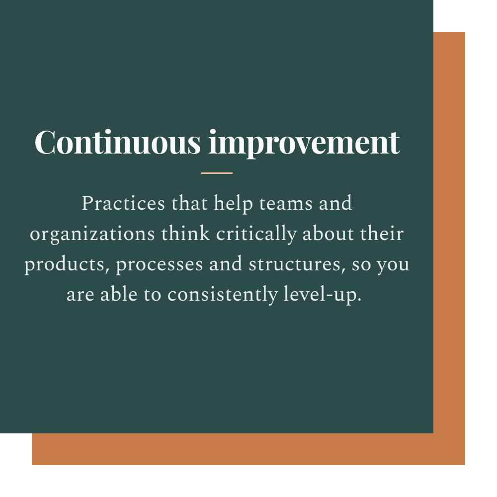 Graphic explaining continuous improvement practices that help teams think critically about products, processes, and structures for consistent leveling-up.