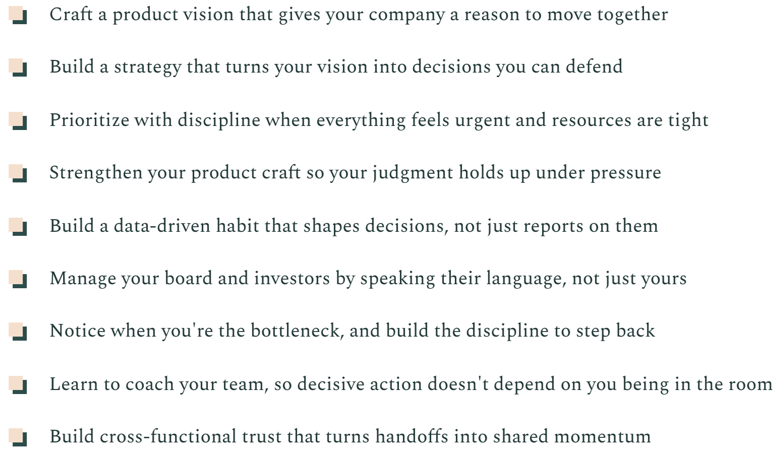 A list of strategic business tips on a dark background, including creating a product vision, building strategies, prioritizing discipline, strengthening product craft, data-driven decision making, managing stakeholders, recognizing bottlenecks, coaching teams, and building trust.