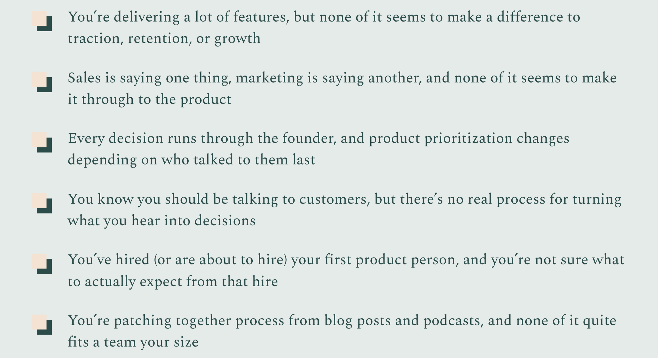 A list of statements discussing features, sales, decision-making, hiring processes, and team collaboration in a business context.