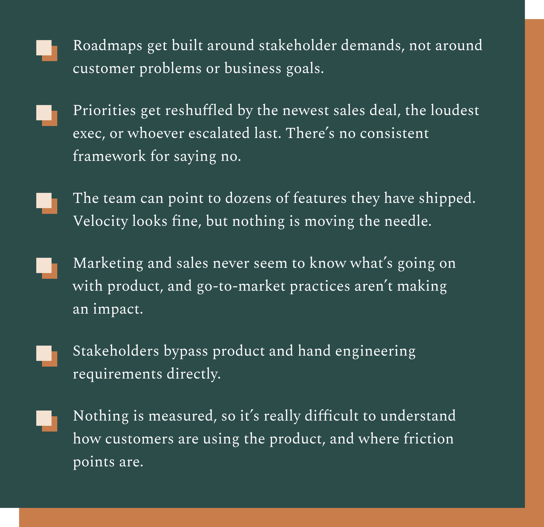 Presentation slide with multiple paragraphs of text on a dark green background, usage of beige and brown accents, discussing roadmap building, stakeholder demands, sales priorities, and product usage analysis.