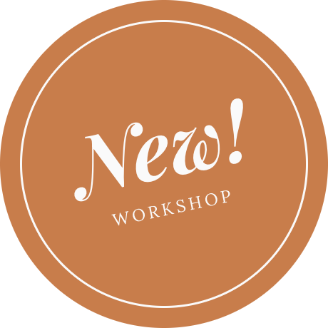 A circular logo with a brown background and white border. The text reads 'New! WORKSHOP' in white, with 'New!' in larger, cursive font and 'WORKSHOP' in smaller, uppercase letters.
