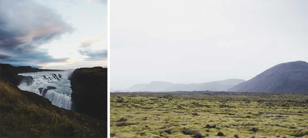 Left: Gullfoss. Day 1 | Right: lava field on Reykjanes Peninsula, Day 1