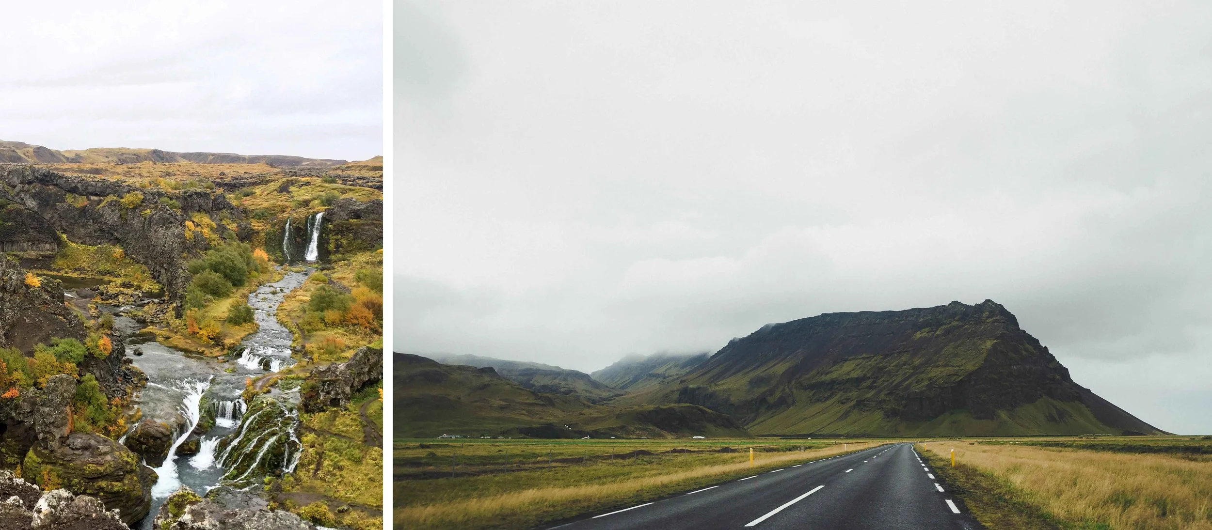 Left: Gjáin (you may recognize it as a filming location from GOT), Day 3 | Right: a typical scene along the Ring Road in the south, Days 3-4