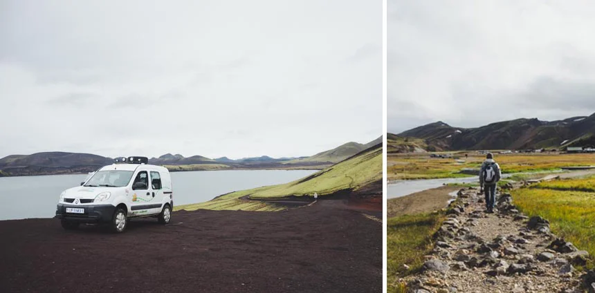 Left: our Snail camper on the road into Landmannalauger, Day 2 | Right: walking the last bit into Landmannalauger, Day 2