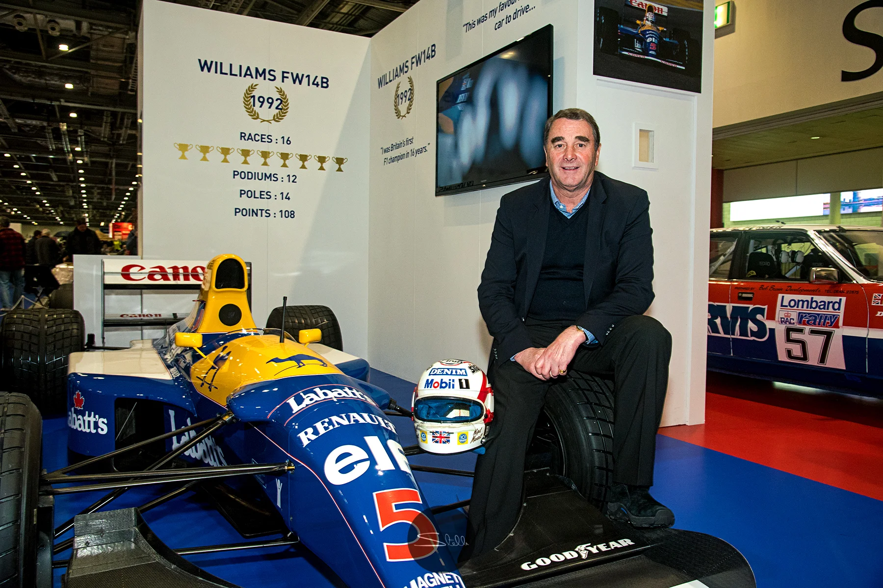 World Champion racing driver Nigel Mansell at the London Classic Car Show in February 2018 where he was presented with the Icon Award for services to motor racing.