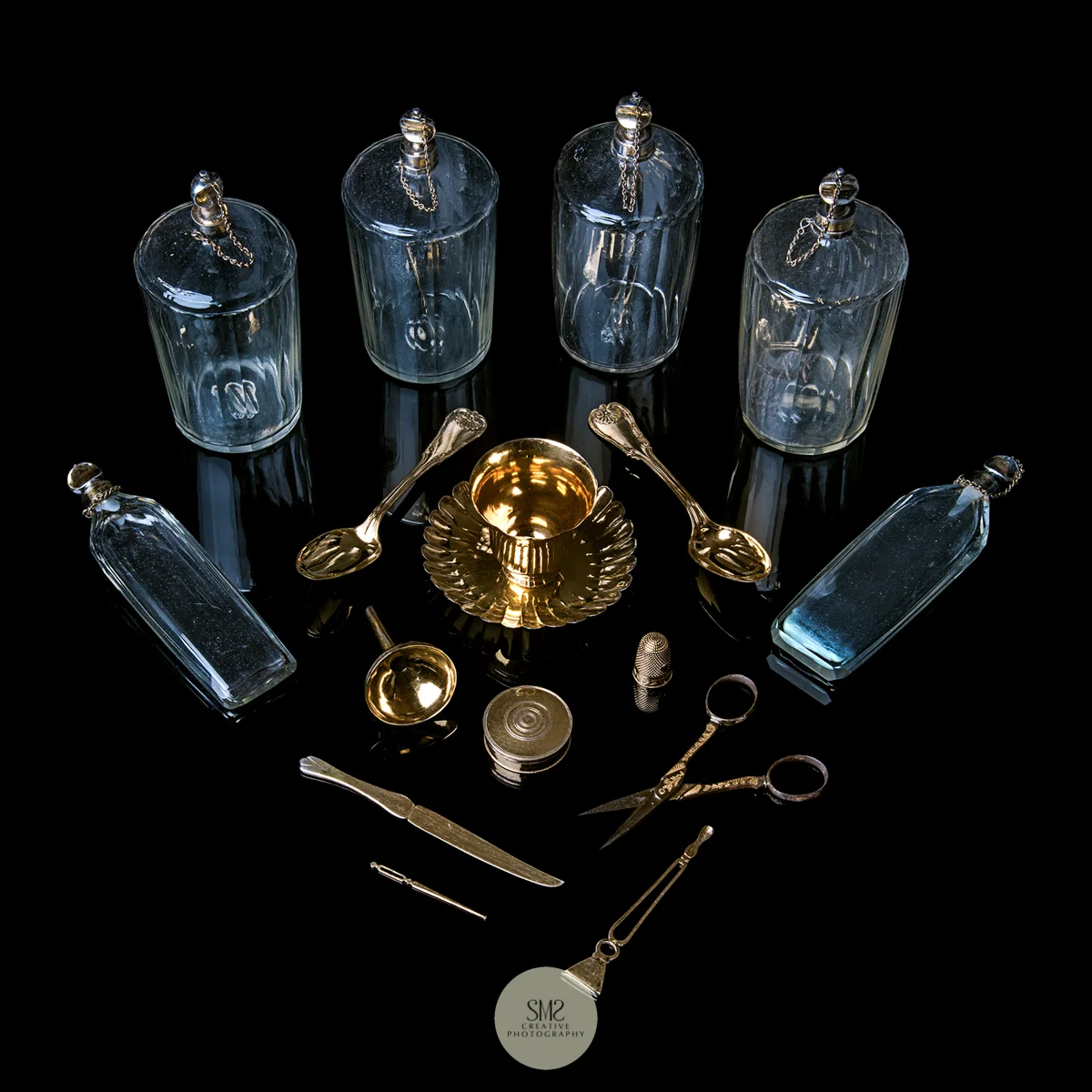 The glass and implements contents of a Sevres travel box for a magazine feature 2018.