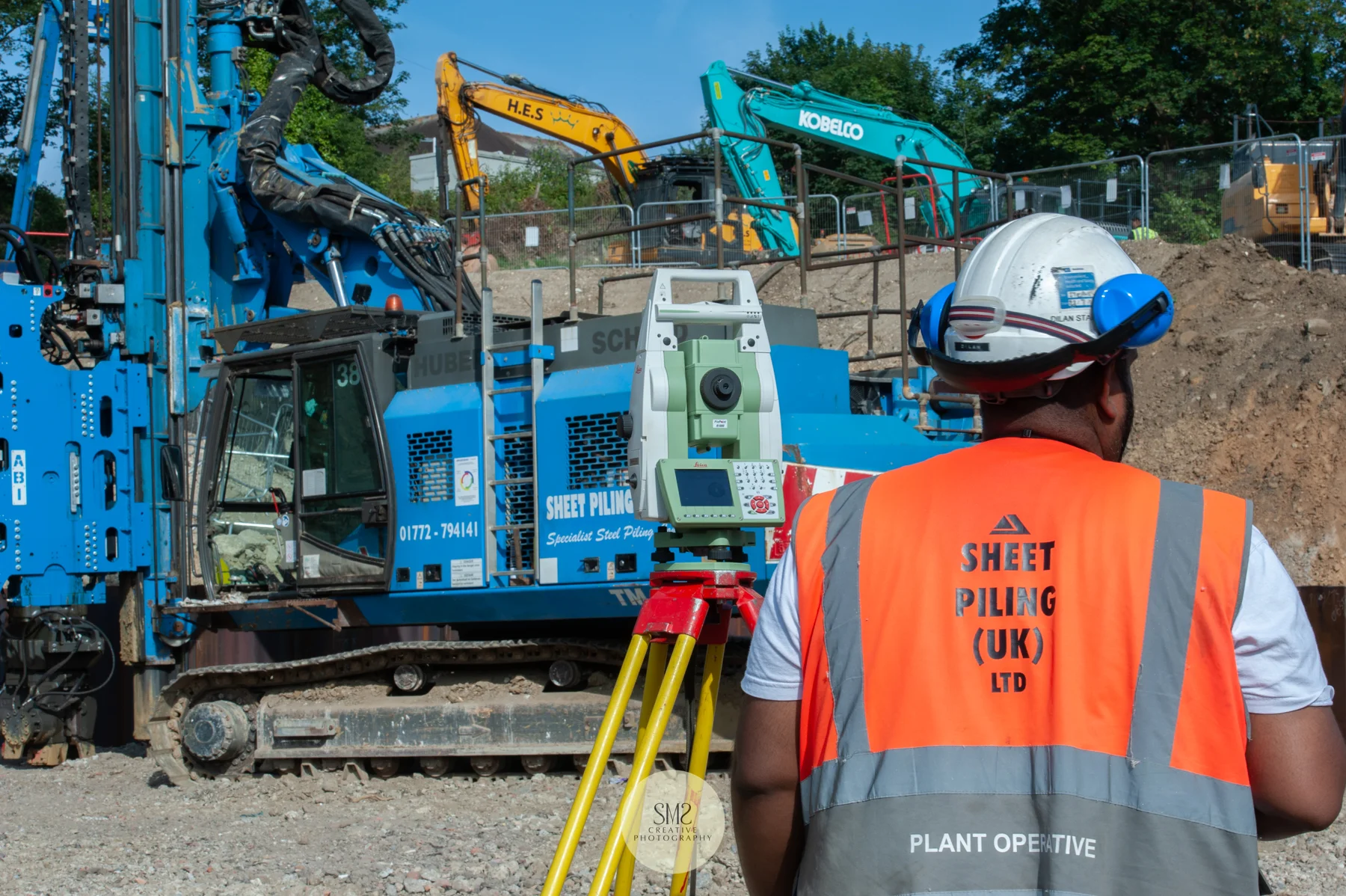 Machinery and operatives working on the insertion of the sheet piling, during July 2019.