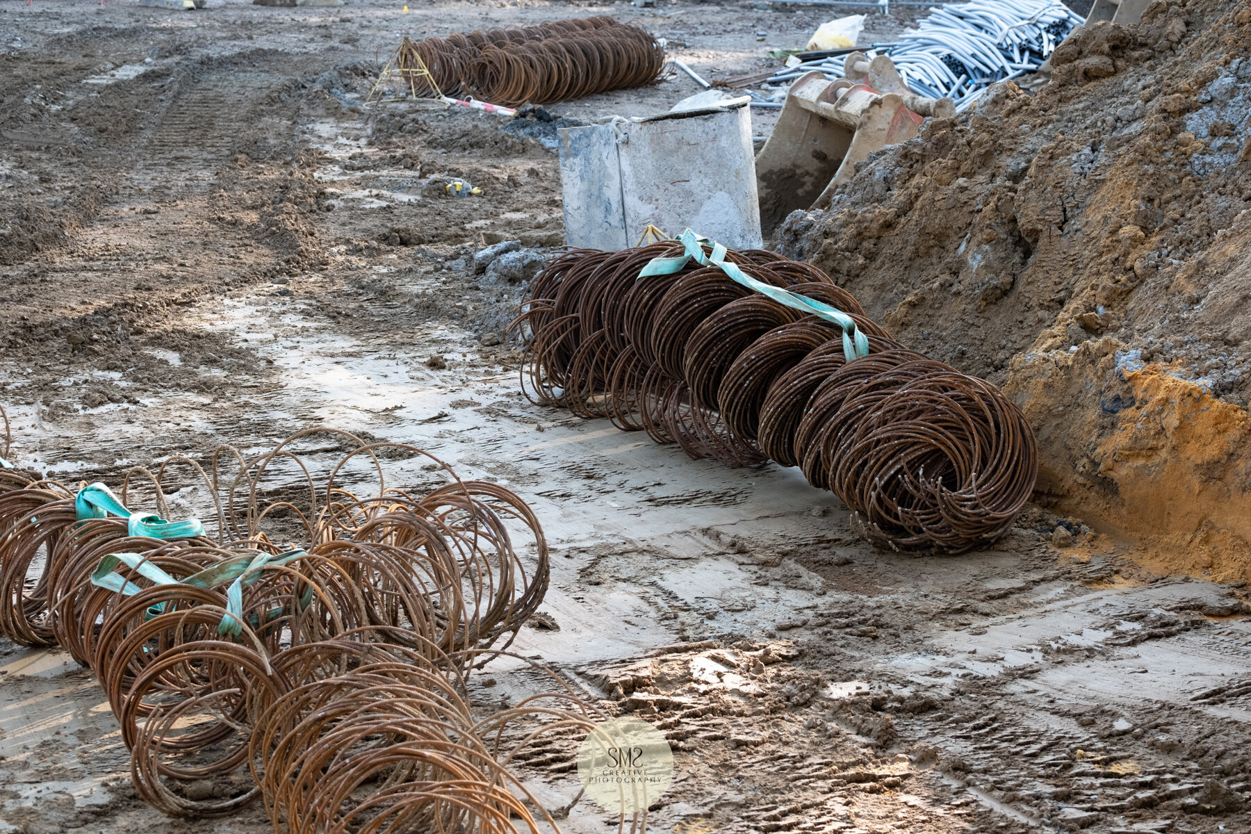  Coiled steel to form the ‘cages’, part of the piling process. 