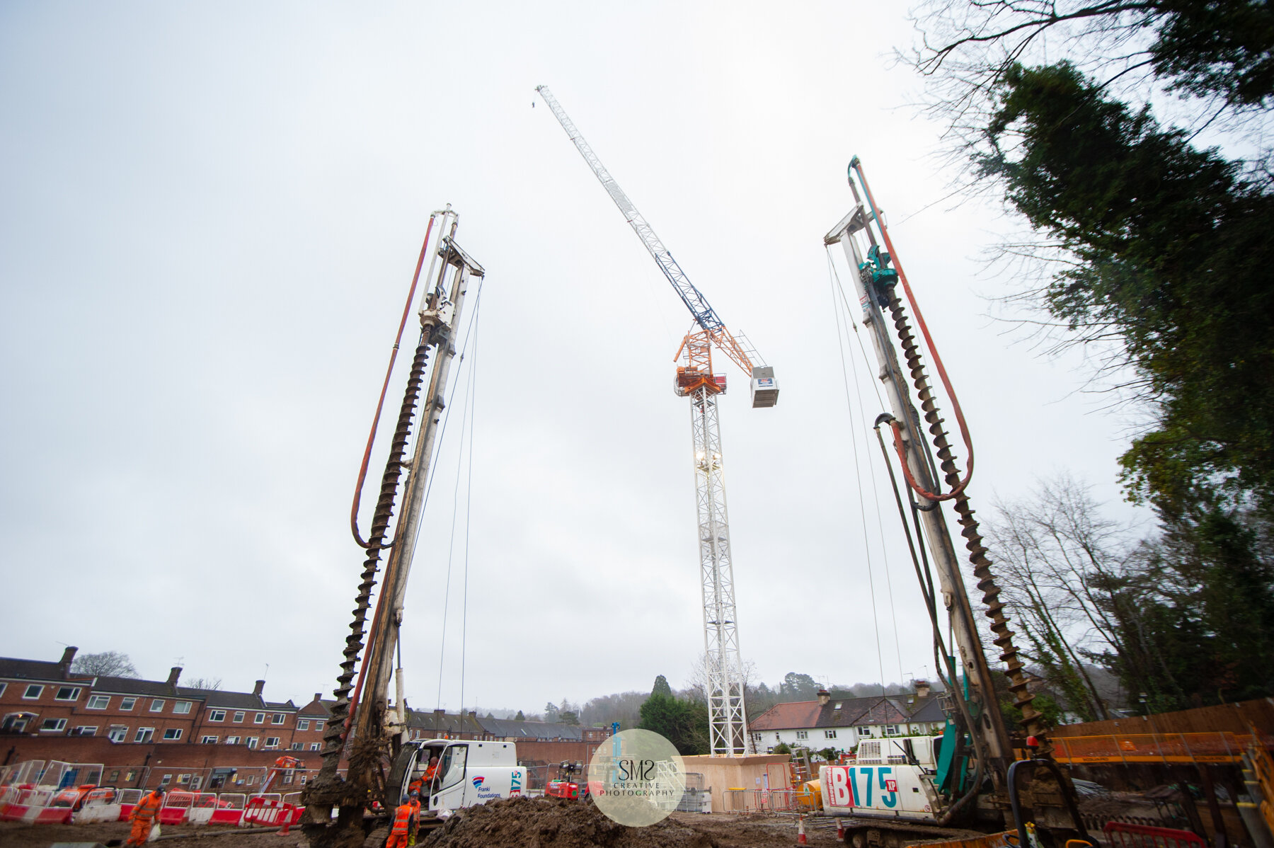  The two piling rigs and the crane. The crane will be used to move deliveries efficiently from one part of the site to the other. 