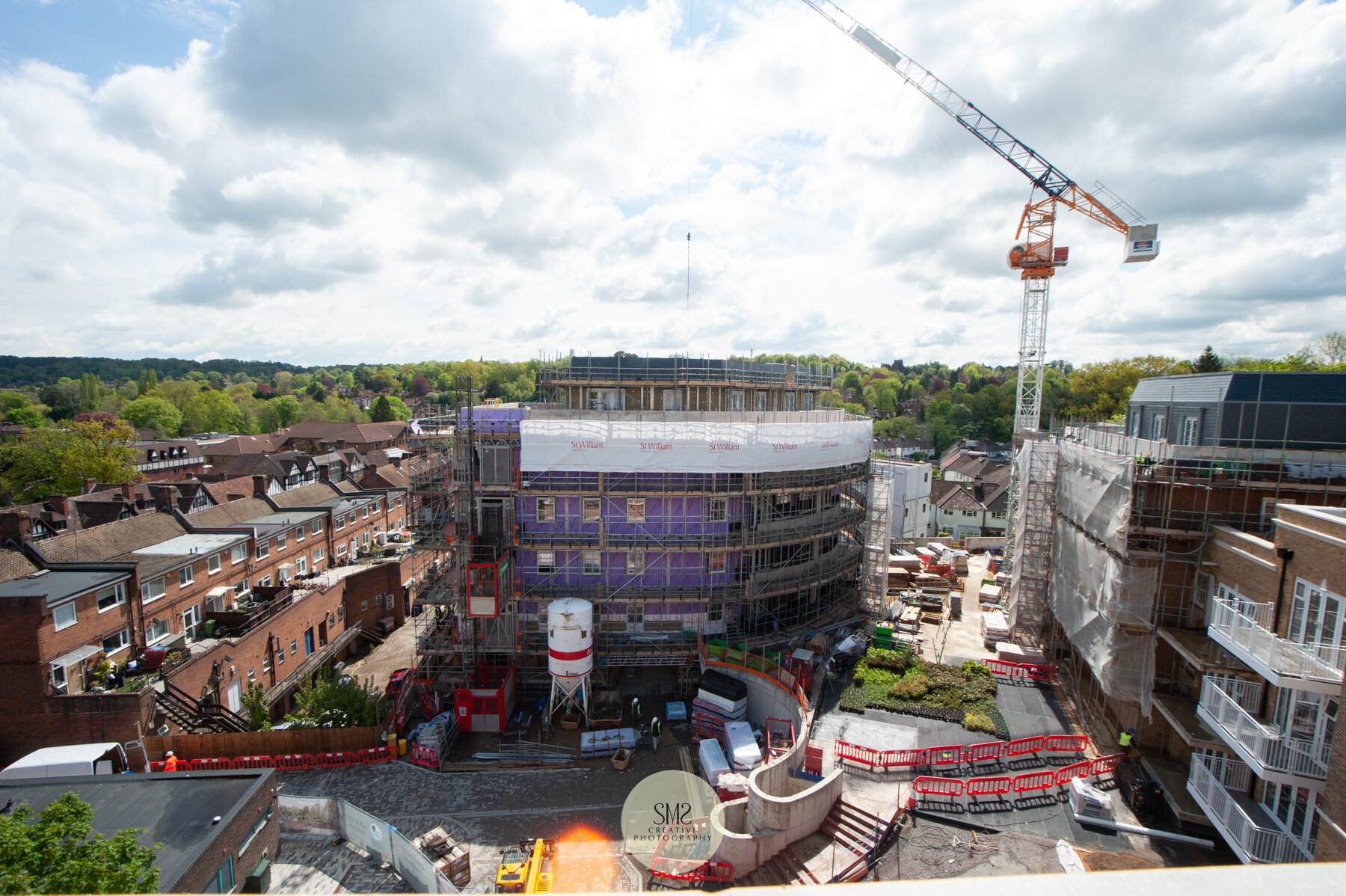  Looking out from Block A over the main entrance towards Block C on the left and Block B on the right.  