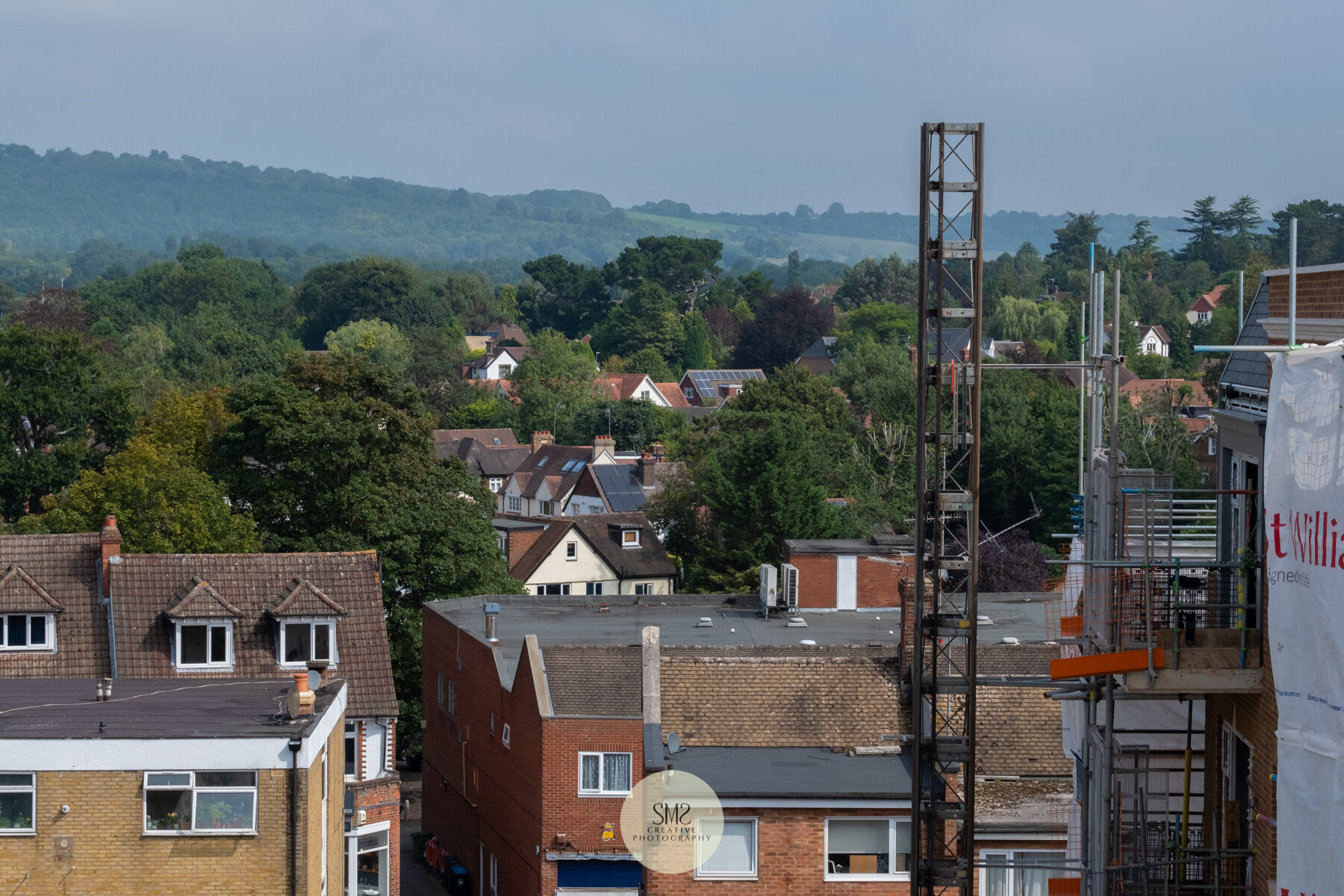  A view from a penthouse apartment in Block B towards the hoist on Block C with far-reaching views of the North Downs. 