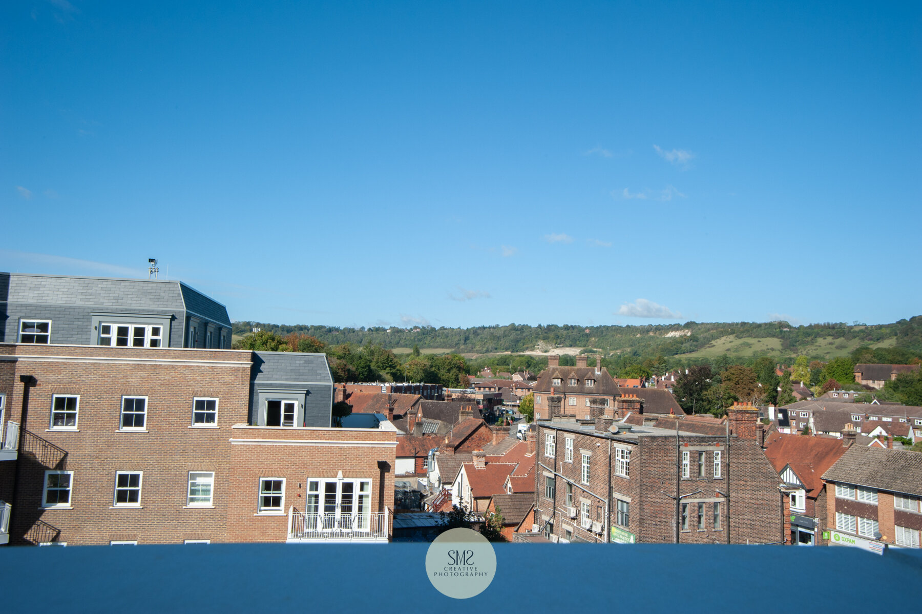  A view from a penthouse terrace in Block C over the North Downs. 