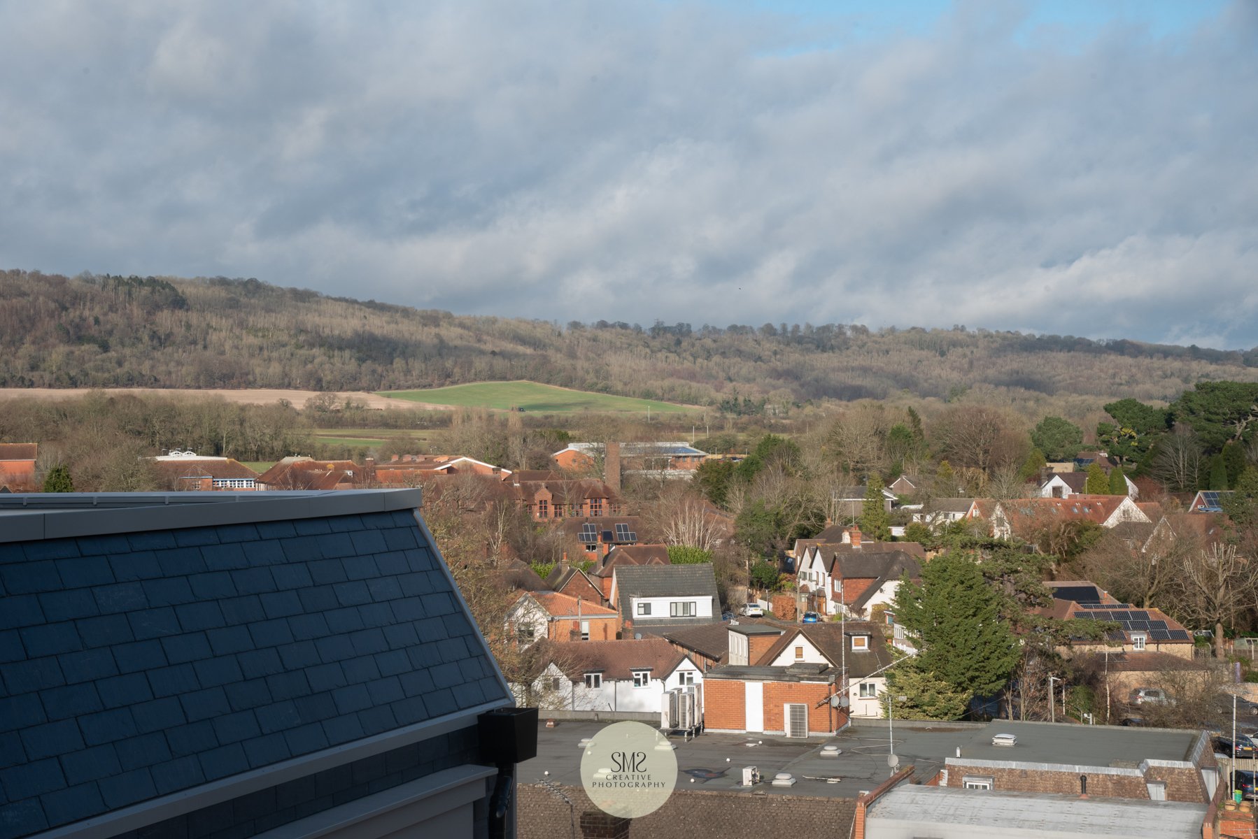  A view from a penthosue in Block C towards the North Downs. 