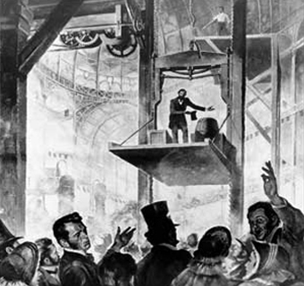 Elisha Otis on his Safety Elevator