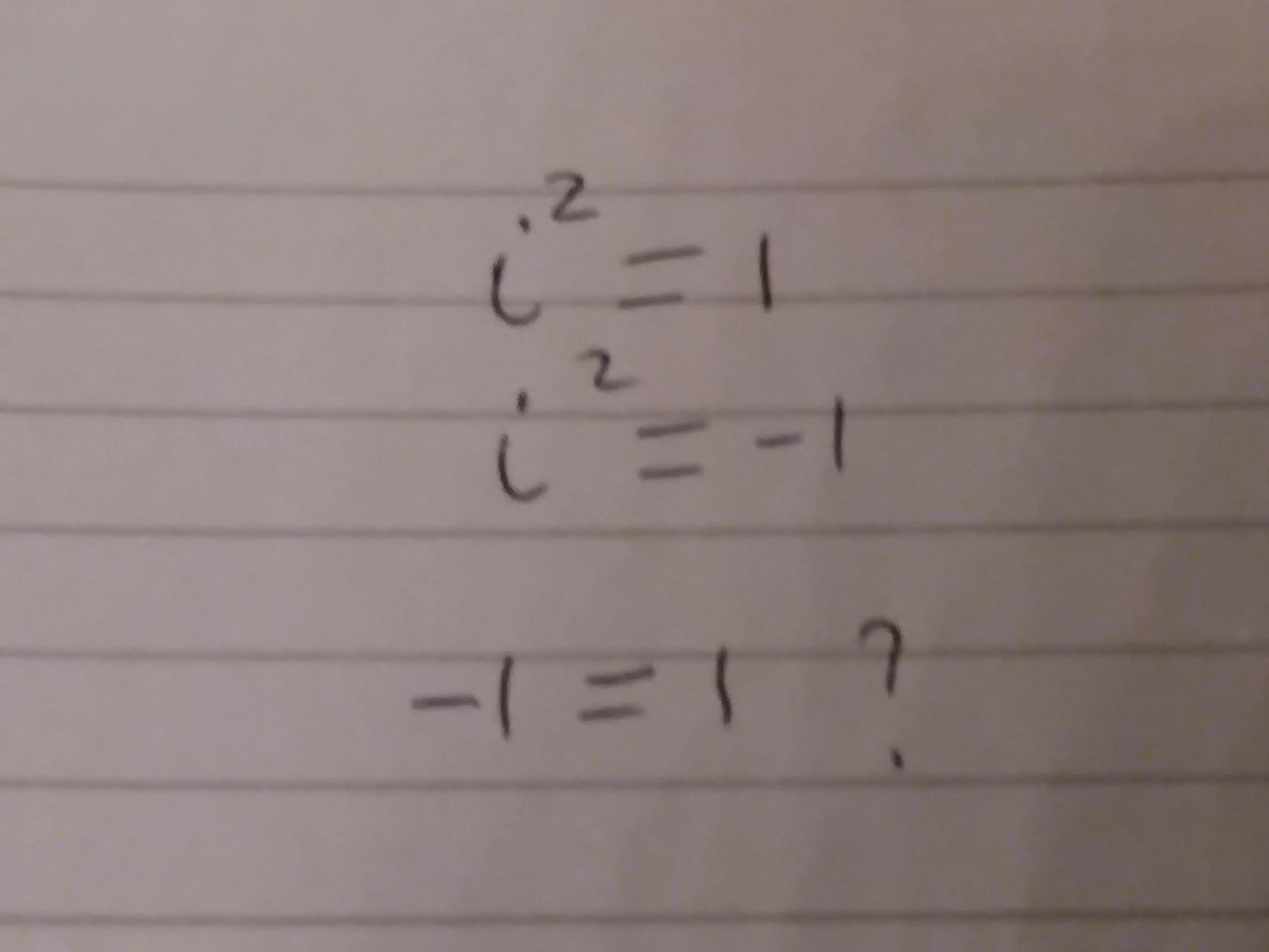 So we had i^2=1, but by defintion i^2=-1, so -1=1? Something is clearly wrong here.