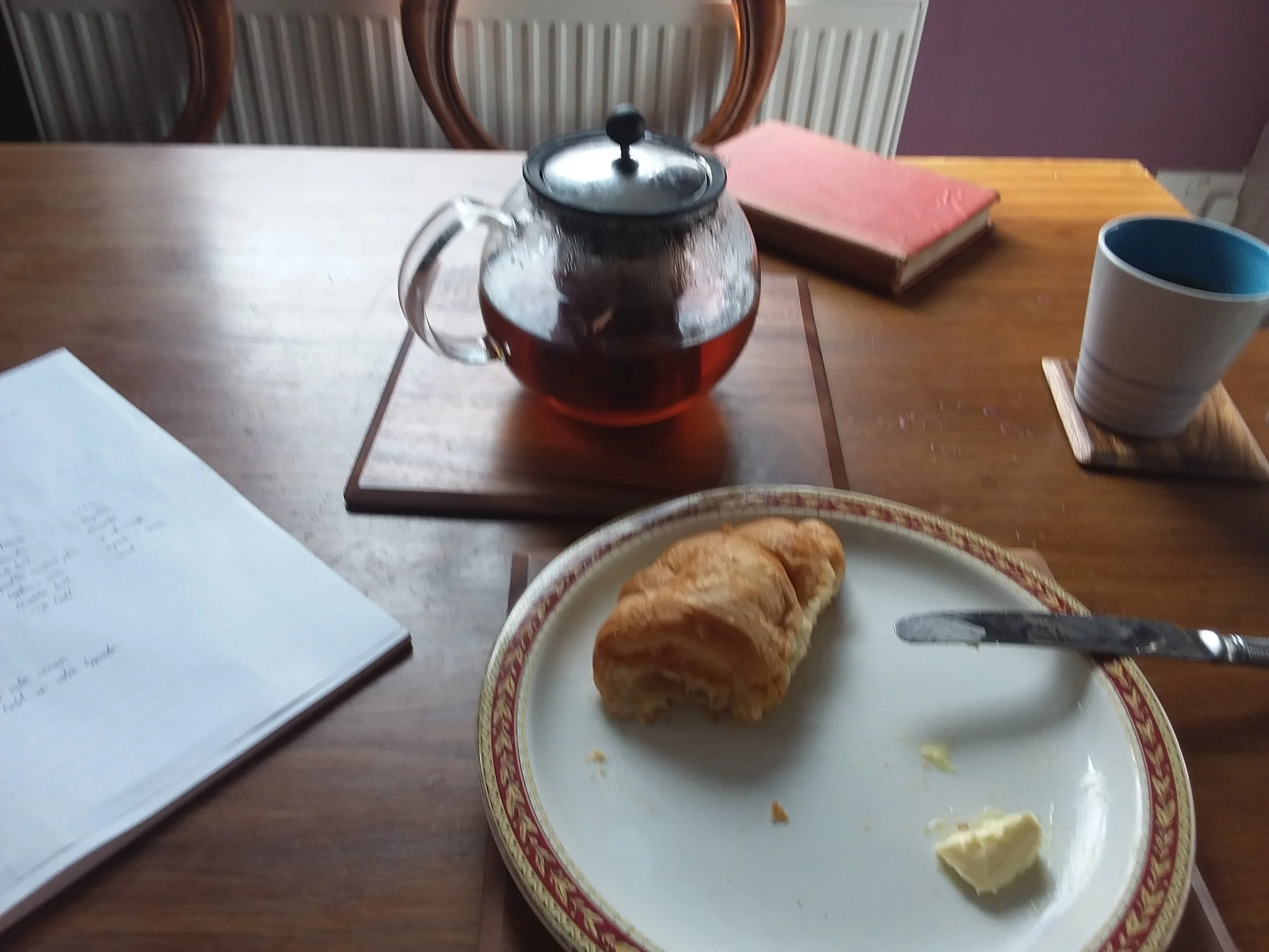 Not pictured is μ who was very eager to get involved in the breakfast and is now complaining quietly through the door because I've shut her out of the room for persistent attempts.