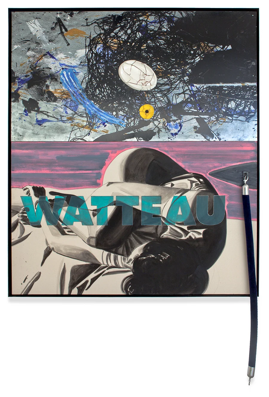 David Salle, Watteau, 2013, acrílica e serigrafia em metal com cerâmica vidrada e pintada, óleo sobre tela com corda de veludo | acrylic and silkscreen on metal, ceramics, oil on canvas and velvet rope, 188 x 163 cm