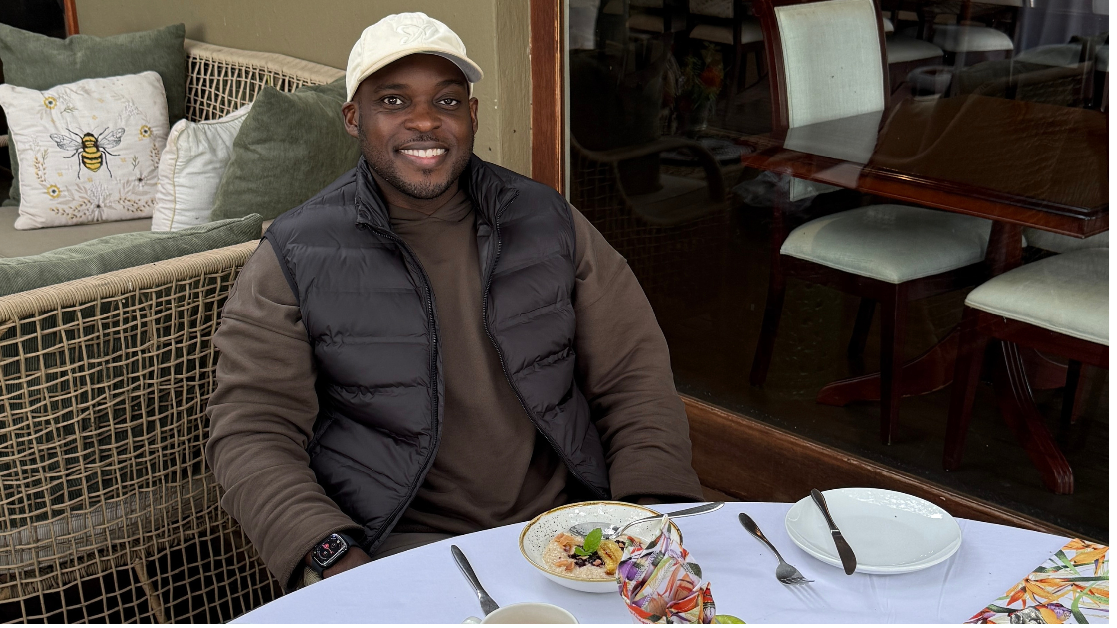 Devonta White on Safari in South Africa having Breakfast