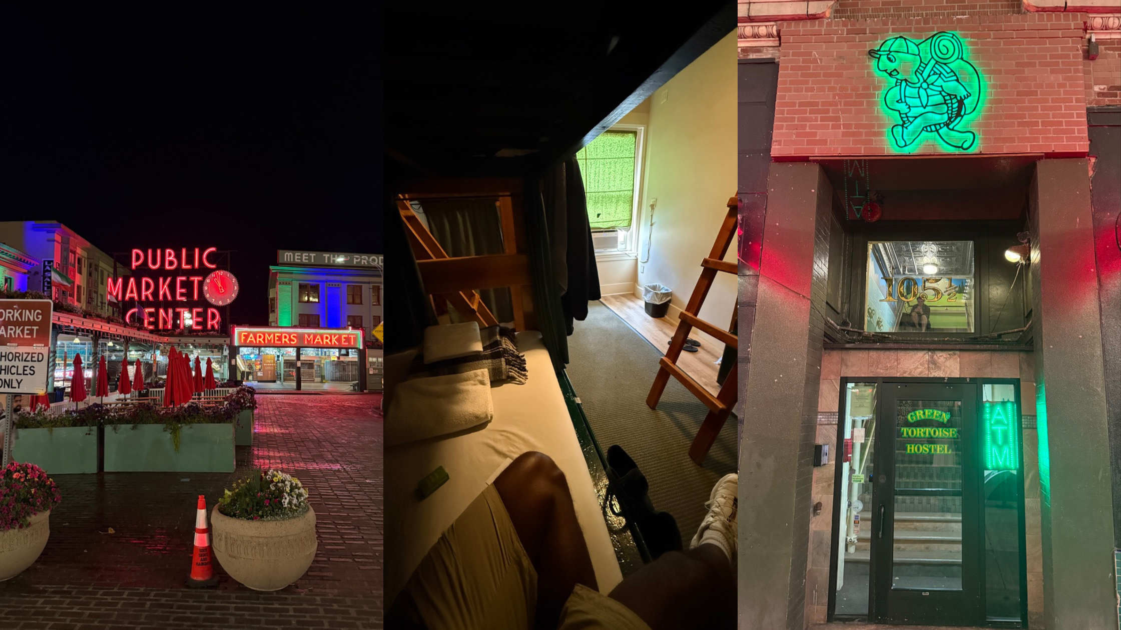 Collage showing Pike Place Market at night, a bunk bed inside Green Tortoise Hostel, and the hostel entrance in Seattle.