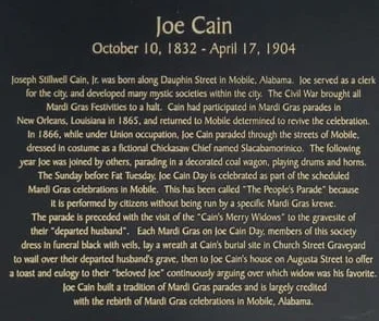 Plaque reading at the Joe Cain Cafe in Downtown Mobile