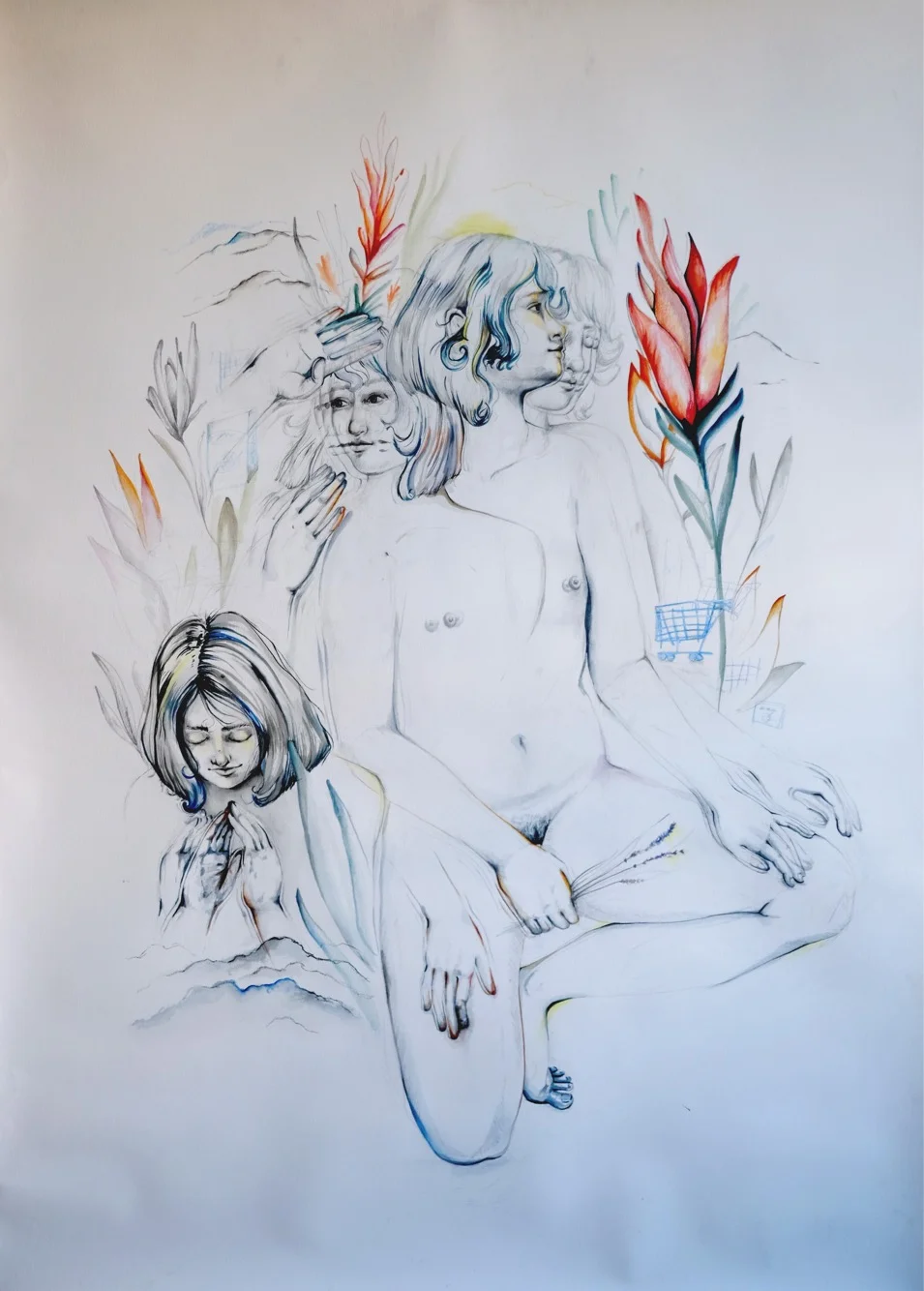In the Aisles, mixed media on paper, 72” x 52.5”, 2018