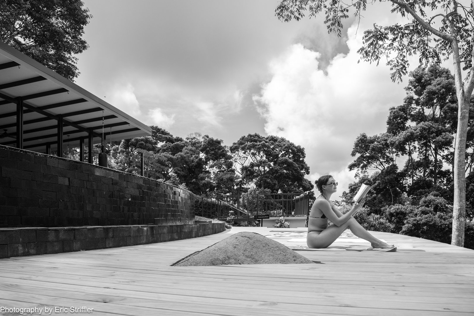 The expansive pool deck at the bucolic spiritual and yoga retreat center.