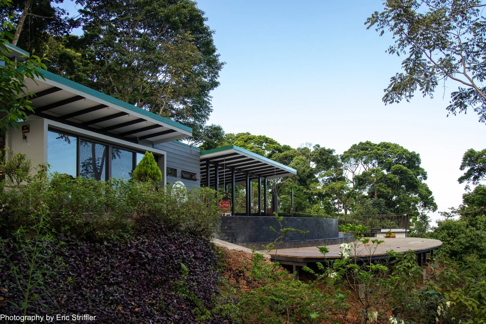 The front facade of the main building at Vajra Jahra including the dining area to the far left.