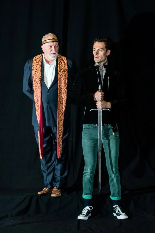 Woodrow as Prince Hal in a promotional photoshoot for Saratoga Shakespeare's 2018 production of Henry IV (1+2). Also pictured: Kevin McGuire