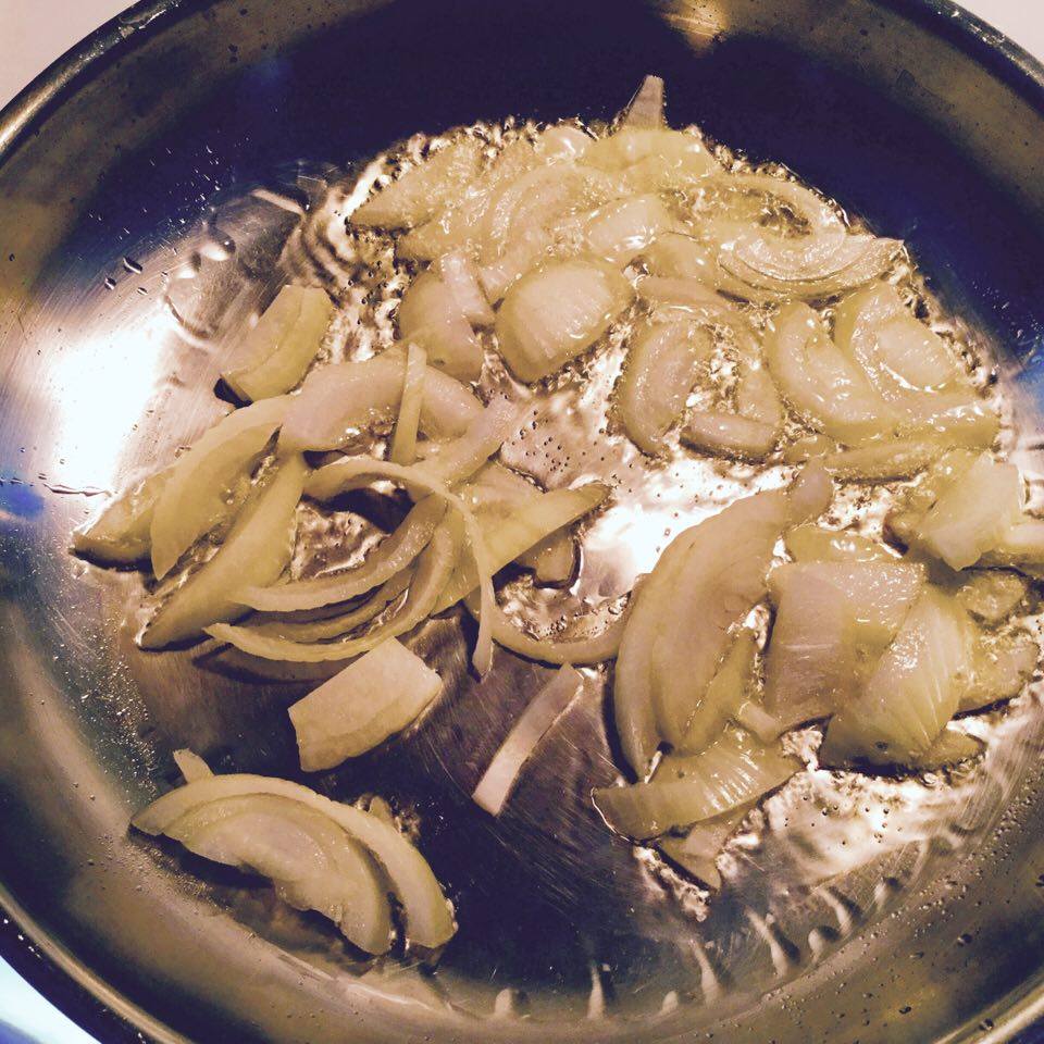 Sauté a small, sliced, yellow onion in a little Avocado oil.