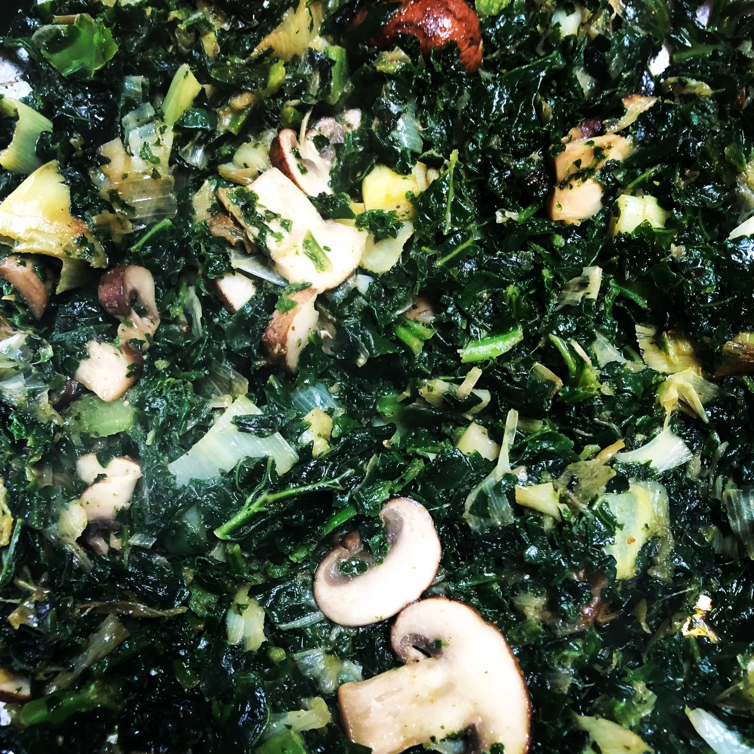 Leek, Kale, Spinach and Mushroom sauté. 