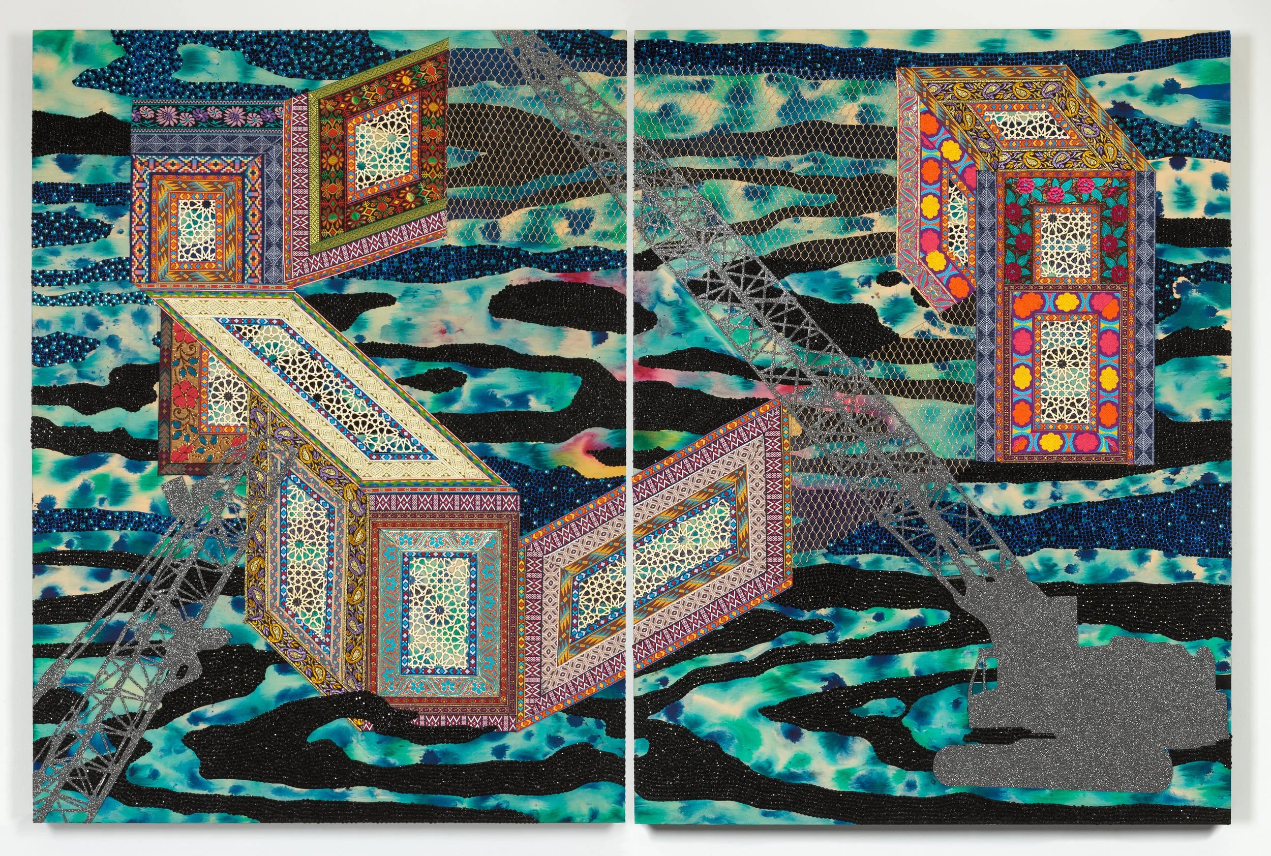Visual Heteroglossia: Excavation of the Gentry, 2016 Jacquard textiles, laser cut Arches watercolor paper, vinyl, jewels, concentrated watercolor and acrylic on wood panel 40" x 60" x 2"