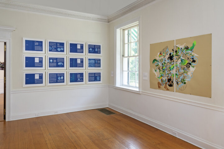  From left to right: Bundith Phunsombatlert,  Sunny Garden in Blue: Stories from the Caribbean to Brooklyn  (2018-ongoing), archival digital print on paper, 12 works: 14 ¼ x 20 inches each, 17 x 22 ¾ inches framed (courtesy of the artist); David Rios