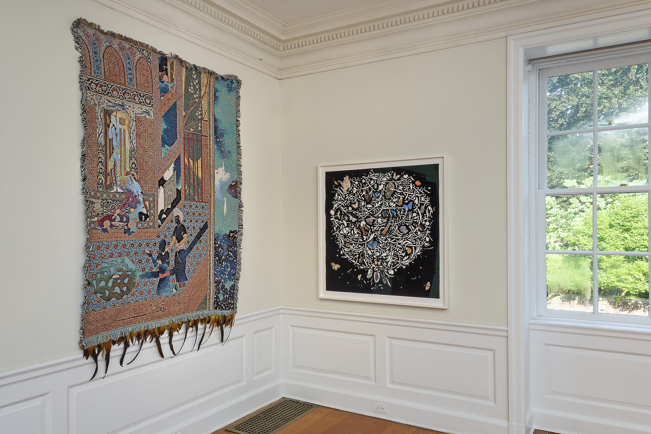  From left to right: Natalia Nakazawa, “Language of Birds” (2019), jacquard woven textiles and tapestry, 71 x 53 inches (courtesy of the artist); William Villalongo, “Brother, Brother” (2019), acrylic, cut velour paper and pigment print collage, 39 7