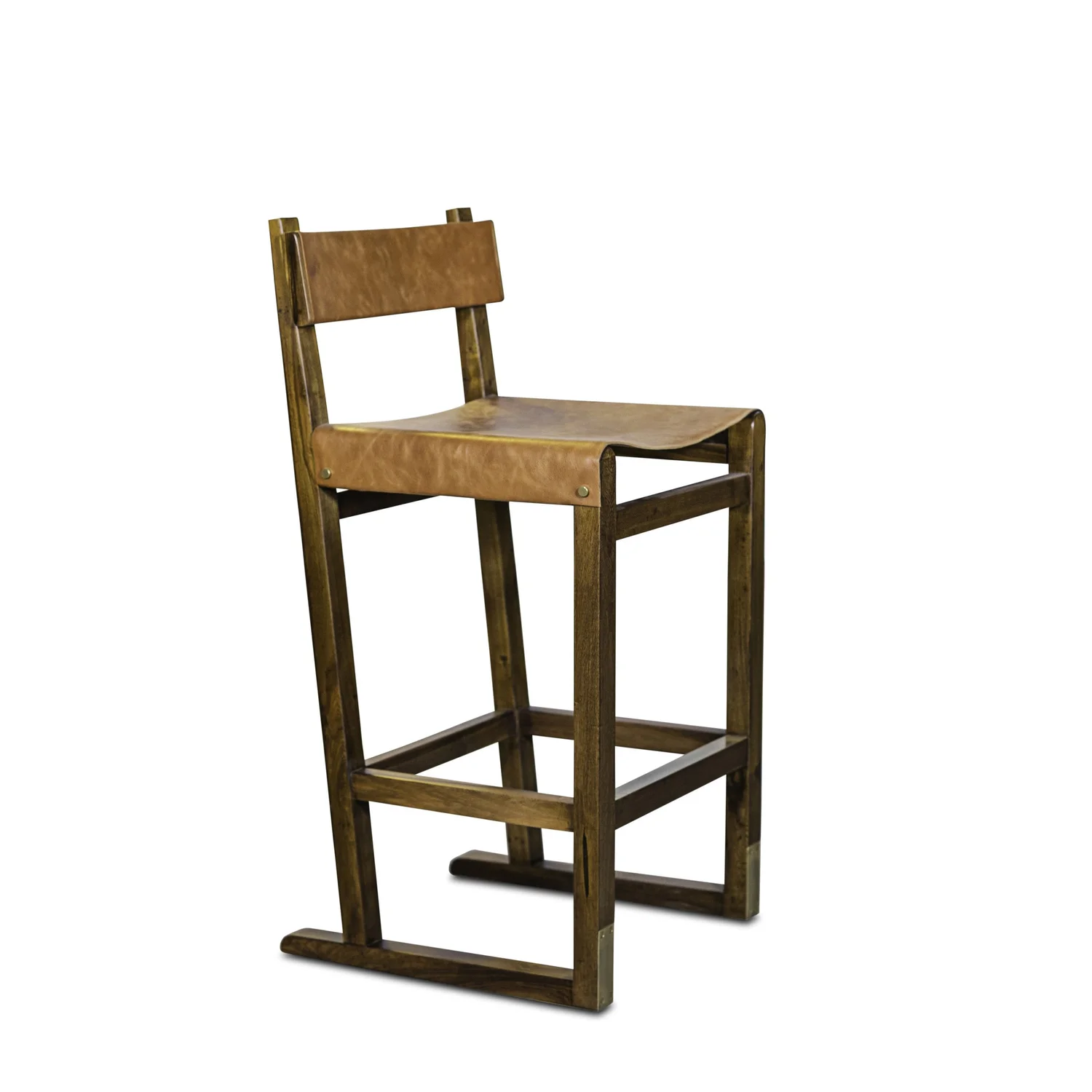 Wood Counter Stool with Slung Leather Seat and Bronze by Costantini Design,  Piero — Costantini