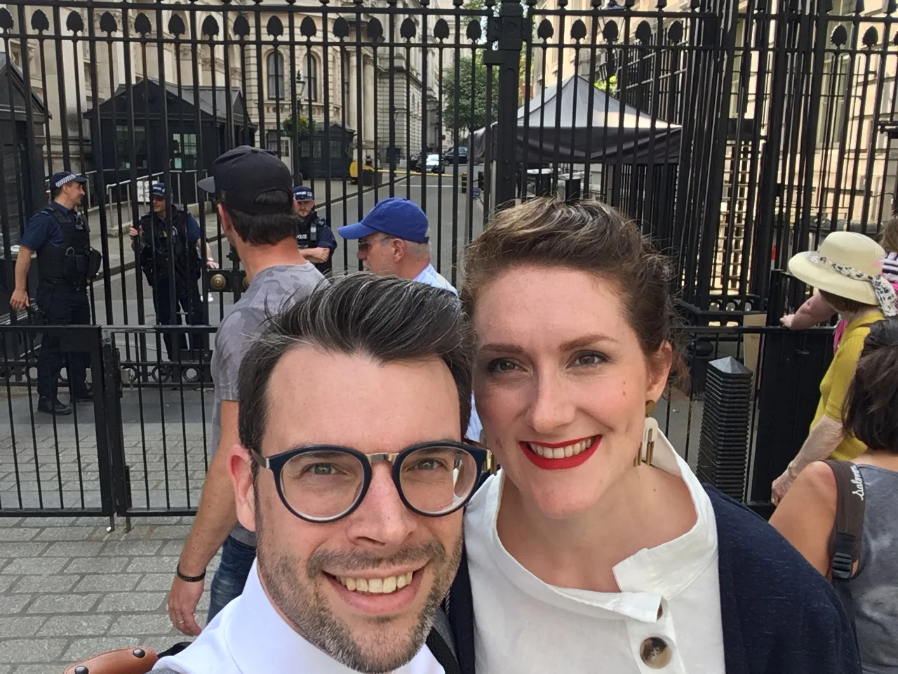 Paul and I at the gates with the armed guards and the tourists